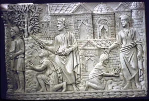 Striking Collection: Moses Strikes the Rock, and Christ in the Garden, early Christian Sarcophagus, 4th century