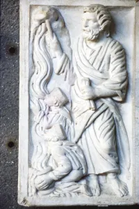 Striking Collection: Moses strikes the Rock, for water in the desert, Early Christian Sarcophagus, c4th century