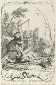 Hebrew Bible Prints: Moses Striking a Shepherd, c. 1745. Creator: Joseph Wagner