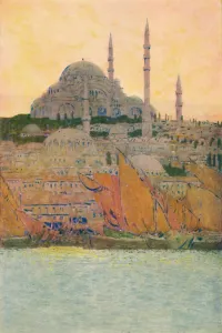 The Mosque of Suleiman at Constantinople, 1913. Artist: Jules Guerin The Mosque of Suleiman at Constantinople, 1913. Artist: Jules Guerin