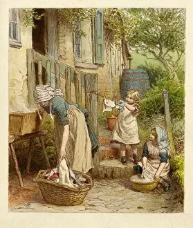 Mother and Children hanging out the Washing, pub. 1854. Creator: Robert Barnes (1840 - 1895)