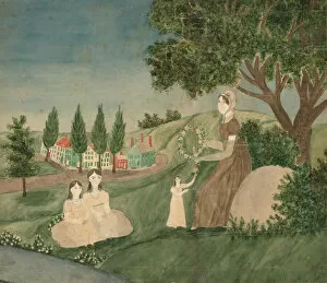 Mother and Three Children Making a Floral Wreath, c. 1825. Creator: Unknown