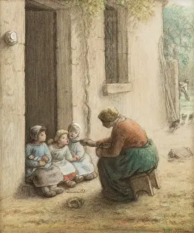 Sitting On Ground Prints: Mother Feeding Her Children, between 1814 and 1875. Creator: Jean Francois Millet