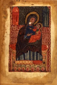 Matenadaran Prints: Mother of God and child (Manuscript illumination from the Matenadaran Gospel), 1378
