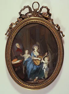 Ivoirerie Prints: A mother playing the guitar in front of her two sons, 1787. Creator: Nicolas Dubois
