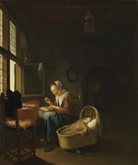 Pieter Cornelisz Prints: A mother sewing with her child, c. 1670