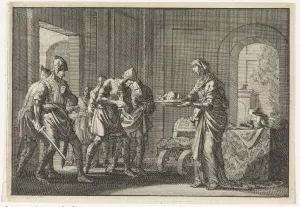 Luyken Collection: Mother shows warriors the remains of her eaten child during the famine in Jerusalem, 1704