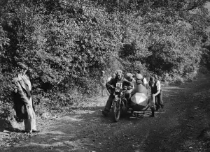 Sidecar Prints: Motorcycle and sidecar competing in the Brighton and Hove Motor Club Brighton-Beer Trial