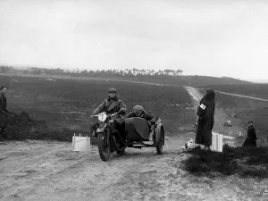 Sidecar Prints: Motorcycle and sidecar competing in a motoring trial, Bagshot Heath, Surrey, 1930s
