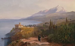 Snow Capped Gallery: Mount Athos and the Monastery of Stavronikétes, 1857. Creator: Edward Lear