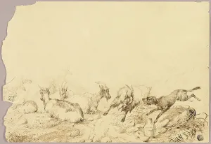 Horns Prints: Mountain Goats and Dog, 18th century. Creator: Allwaert of Ghent