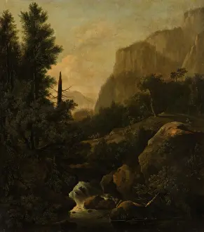 Mountain Landscape with Deer Hunt at a Waterfall, c1668-1669. Creator: Frederik de Moucheron