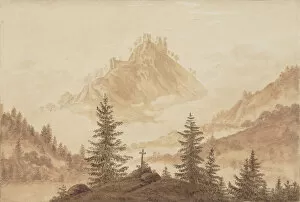 Brown Indian Ink On Paper Gallery: Mountain landscape with fog in the valley, ca 1805. Creator: Friedrich, Caspar David (1774-1840)