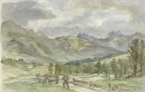 Israels Josef Prints: Mountain landscape with herdsman and two cows, 1834-1911. Creator: Jozef Israels