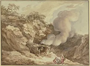 Karl Prints: Mountain landscape, a kiln in the centre from which a plume of smoke rises