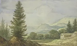 Aldret Van Everdingen Prints: Mountain landscape, tall fir trees on the left
