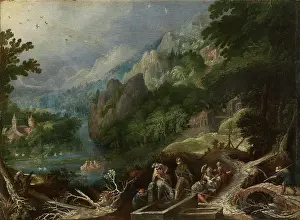 Mountainside Prints: Mountain Landscape with Travelers at a Well