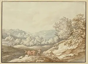 Farm Animal Prints: Mountain landscape with a village in the middle ground, 18th century. Creator: Karl Kuntz