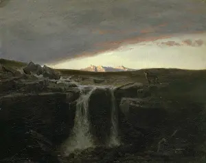 Cliffs Prints: Mountain Landscape with Waterfall, 1849. Creator: Arnold Bocklin