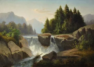 Mountain landscape with waterfall, c. 1853. Artist: Kosarek, Adolf (1830-1859)