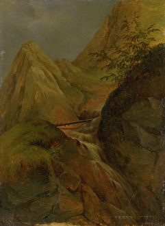 Carton Prints: Mountain landscape with waterfall, c1860. Creator: Jozef Bozetech Klemens