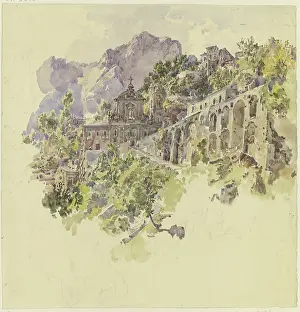Monastery Prints: Mountain monastery with large terraces and staircases