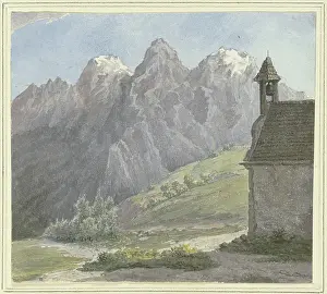 Mountainous Prints: Mountain peak in the Alps, a chapel in the foreground