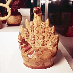 Mountain Sacrifice, Painted stirrup-spout vessel, Mochica Culture, Peru, 1-750 Mountain Sacrifice, Painted stirrup-spout vessel, Mochica Culture, Peru, 1-750