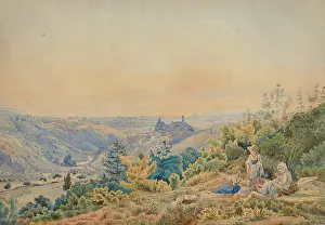 Horizon Prints: Mountainous landscape with a castle and river