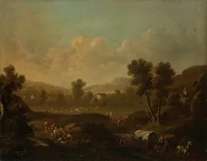 Waggon Prints: Mountainous Landscape with Figures Resting and Covered Wagon