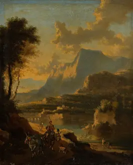 Shaded Prints: Mountainous Landscape with Rider at Sunset, c1670-1674. Creator: Jan Hackaert