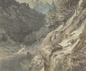 Pen And Ink Drawing Collection: Mountainous Landscape with a River, 1807-63. Creator: Johann Wilhelm Schirmer