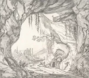 Mountainous Landscape with Ruins of a Castle and Three Men in a Cave