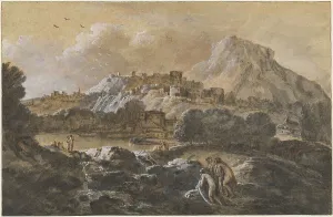Heightened Prints: Mountainous River Landscape with Bathers, 1752/1770. Creator: Francesco Zuccarelli