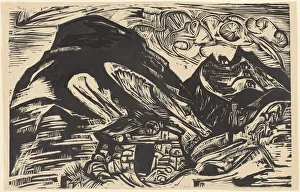 Kirchner Ernst Prints: Mountains with a Mountain Hut, 1921. Creator: Ernst Kirchner