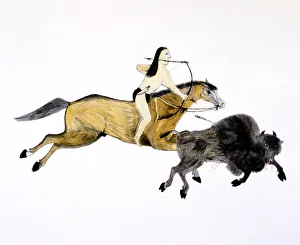 Mounted Grand Plains Indian hunting Buffalo with bow and arrow, c1890-c1927. Artist: Kills Two