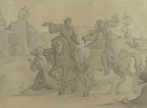 Magi Prints: A mounted king shows a warrior on horseback the way to a ruin above which a star shines