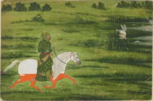 Moghul Collection: A mounted man hunting birds with a falcon, early 18th century. Creator: Unknown