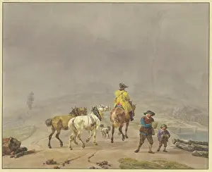 Mounted postilion with two lead horses in a winter landscape, 18th century. Creator: Wilhelm von Kobell