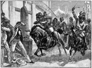 Mounted rebel Sepoys charging through the streets of Delhi, Indian Mutiny Mounted rebel Sepoys charging through the streets of Delhi, Indian Mutiny