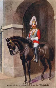 Sentry Prints: Mounted Sentry (1st Life Guards), Whitehall, 1933. Creator: C. T. Howard