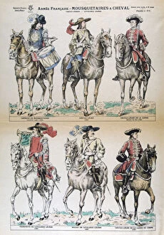 Mousquetaires a Cheval 17th Century. French army uniforms. Colour Lithograph. Private collection