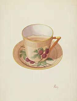 Cup And Saucer Prints: Moustache Cup and Saucer, c. 1940. Creator: Hal Blakeley