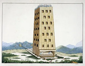 Siege Engine Prints: Moveable siege tower, designed after Caesars tower at Namur, 1842