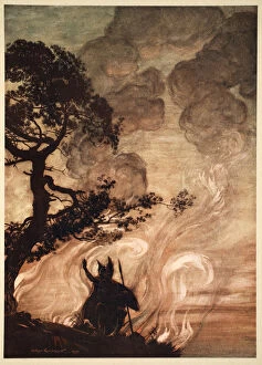 The Valkyrie Gallery: As he moves slowly away, Wotan turns and looks sorrowfully back at Brunnhilde, 1910