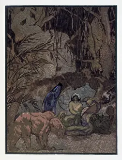 Feline Prints: Mowgli, Baloo and other animals; scene from 'The Jungle Book'