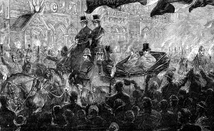 Welcoming Party Prints: Mr. Gladstone at Leeds: the Torchlight Procession, 1881. Creator: Unknown