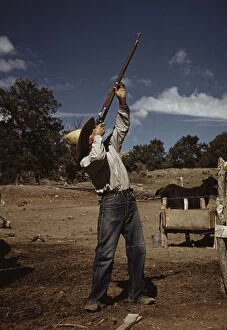 Mr. Leatherman, homesteader, shooting hawks..., Pie Town, New Mexico, 1940. Creator: Russell Lee