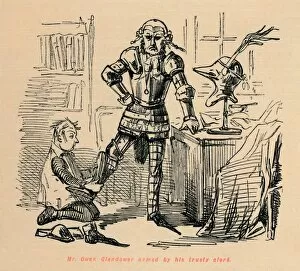 The Comic History Of England Gallery: Mr. Owen Glendower armed by his trusty clerk, c1860, (c1860). Artist: John Leech