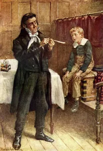 Schoolchild Prints: Mr. Squeers and a New Pupil, c1900. Creator: Harold Copping